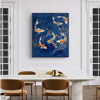 Golden Koi vertical painting on rich blue, with gold fish and foliage, complementing a modern dining room.