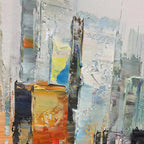 METROPOLITAN REFLECTIONS: City Skyline With Water Reflections Panoramic Oil Painting