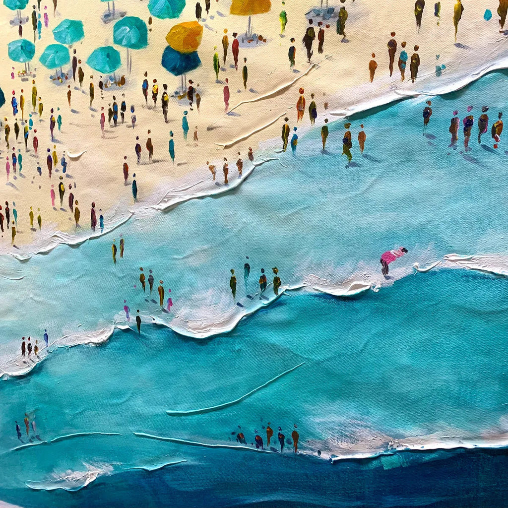 SUMMER AFTERNOON: Colorful Beach Umbrellas Turquoise Waves Oil Painting