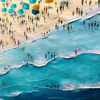 SUMMER AFTERNOON: Colorful Beach Umbrellas Turquoise Waves Oil Painting
