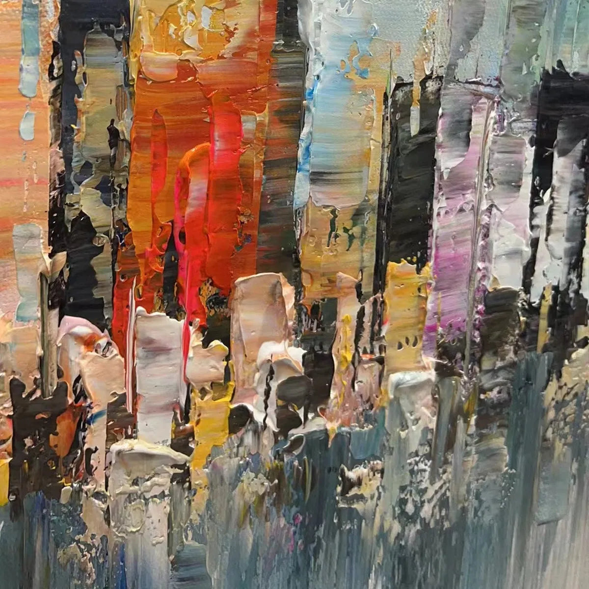 METROPOLITAN REFLECTIONS: City Skyline With Water Reflections Panoramic Oil Painting