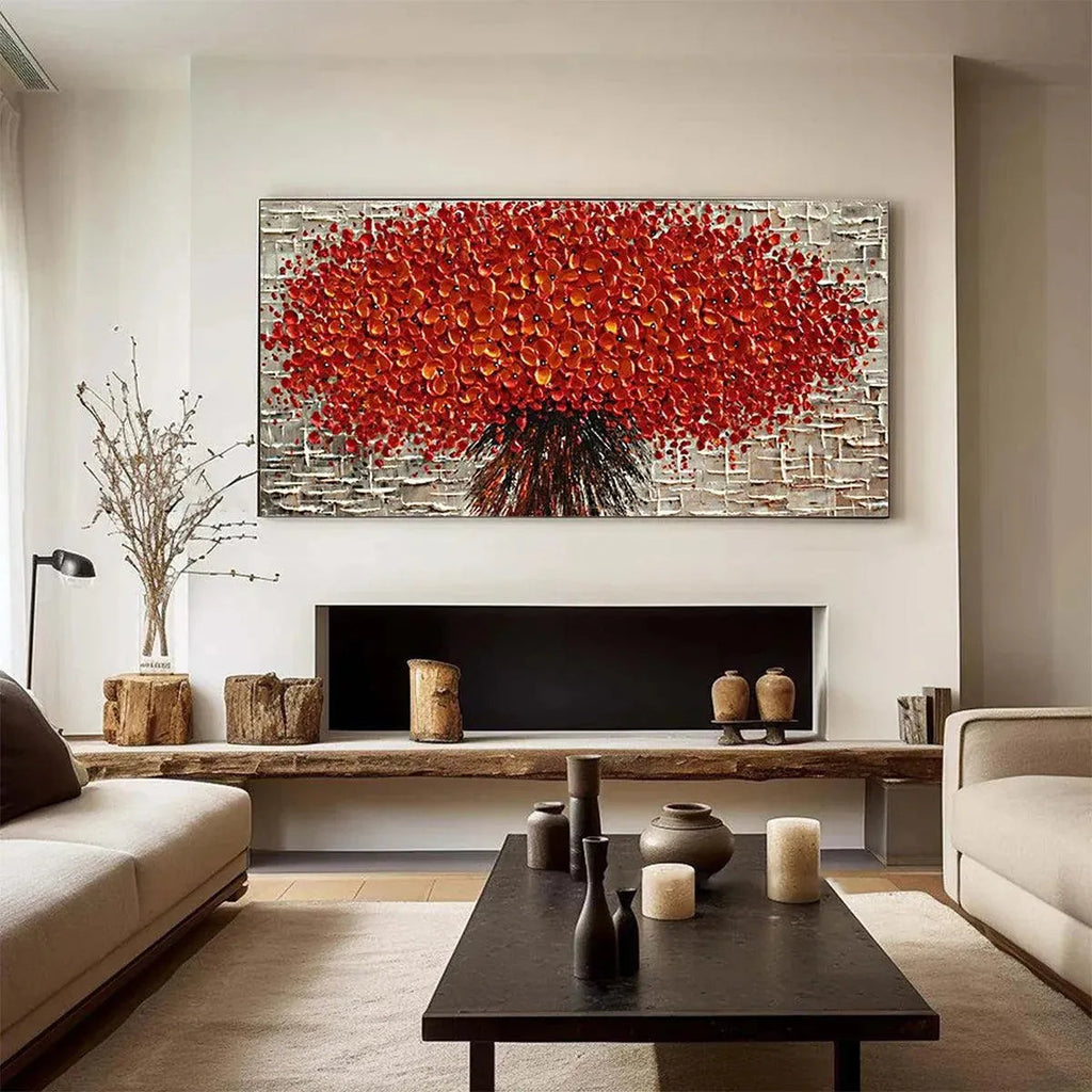 Isabella Rossi's "Crimson Burst" red impasto floral painting above a modern living room fireplace.