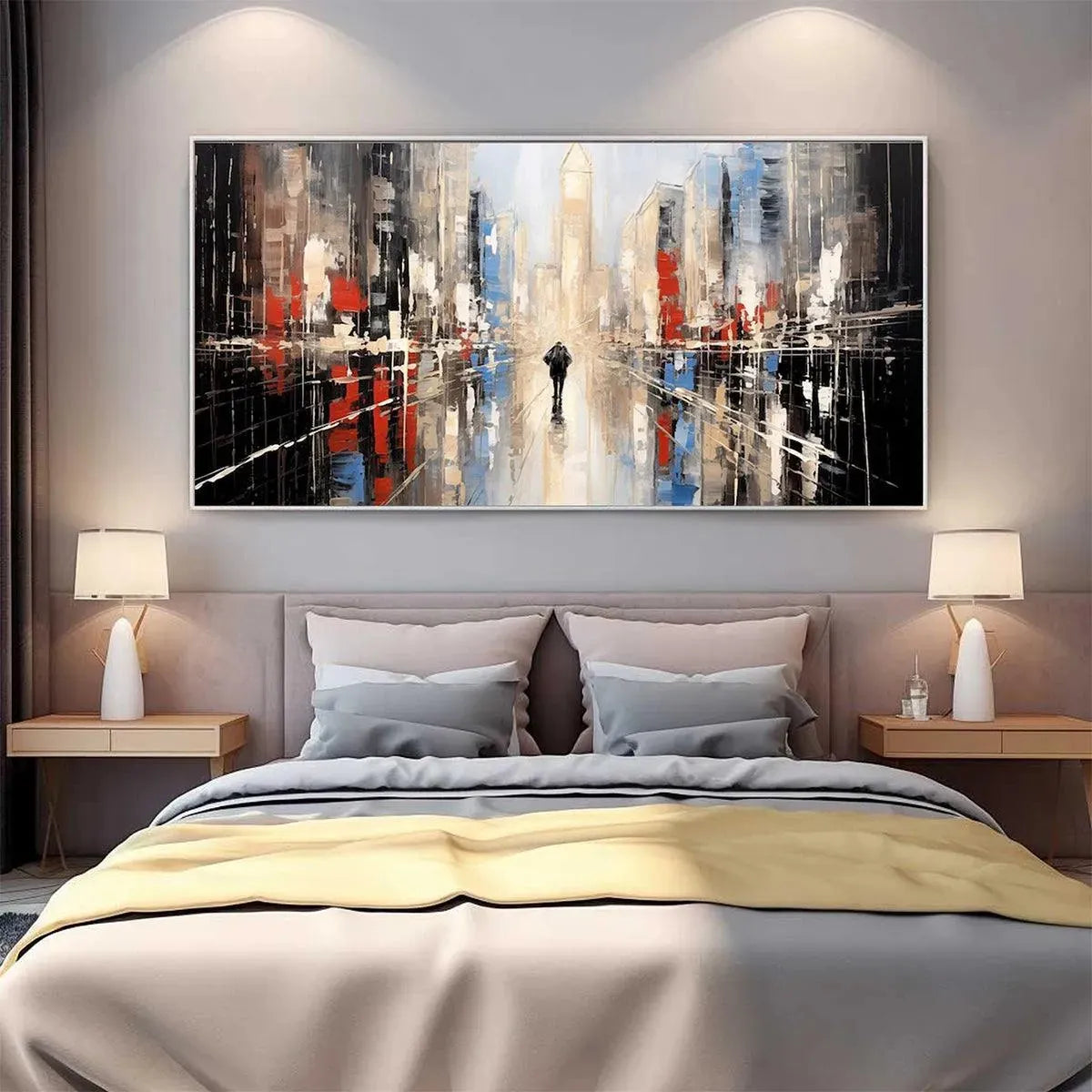 Urban Solitude original cityscape painting by Javier Ramirez featuring lone figure on wet street, modern bedroom wall art.