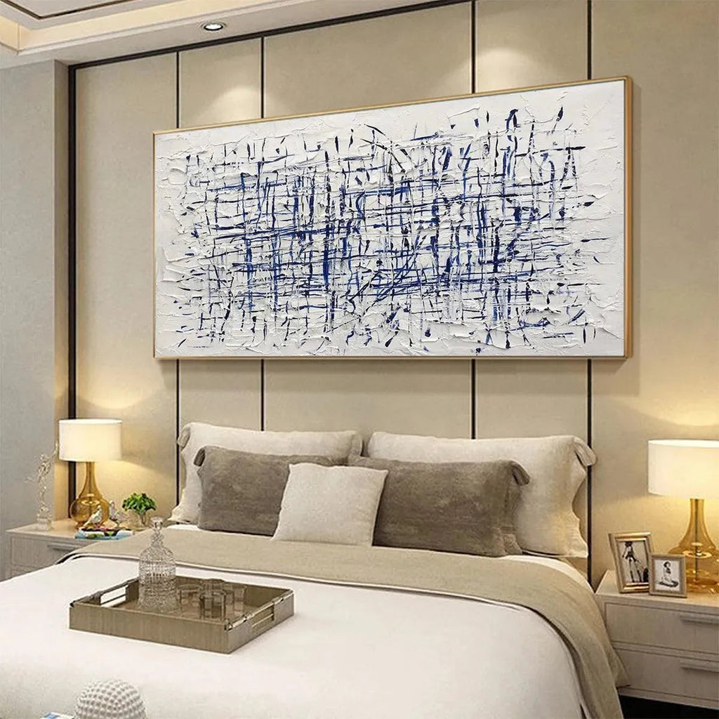 Javier Ramirez BLUE GRID abstract painting: Textured white with blue lines, modern bedroom art, minimalist style.