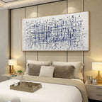 Javier Ramirez BLUE GRID abstract painting: Textured white with blue lines, modern bedroom art, minimalist style.