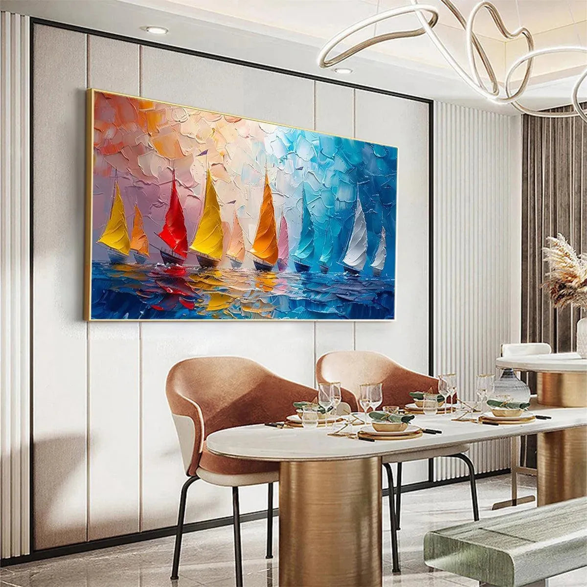 REGATTA: Textured Sailboat Painting Panoramic Canvas Coastal Wall Art