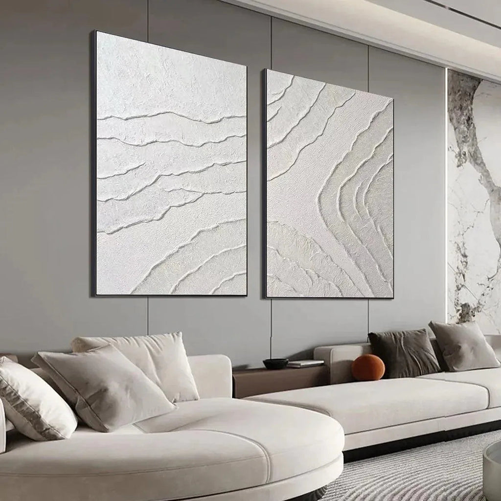 White Textured Lines Diptych by Isabella Rossi, abstract white artwork. Modern wall art for living room