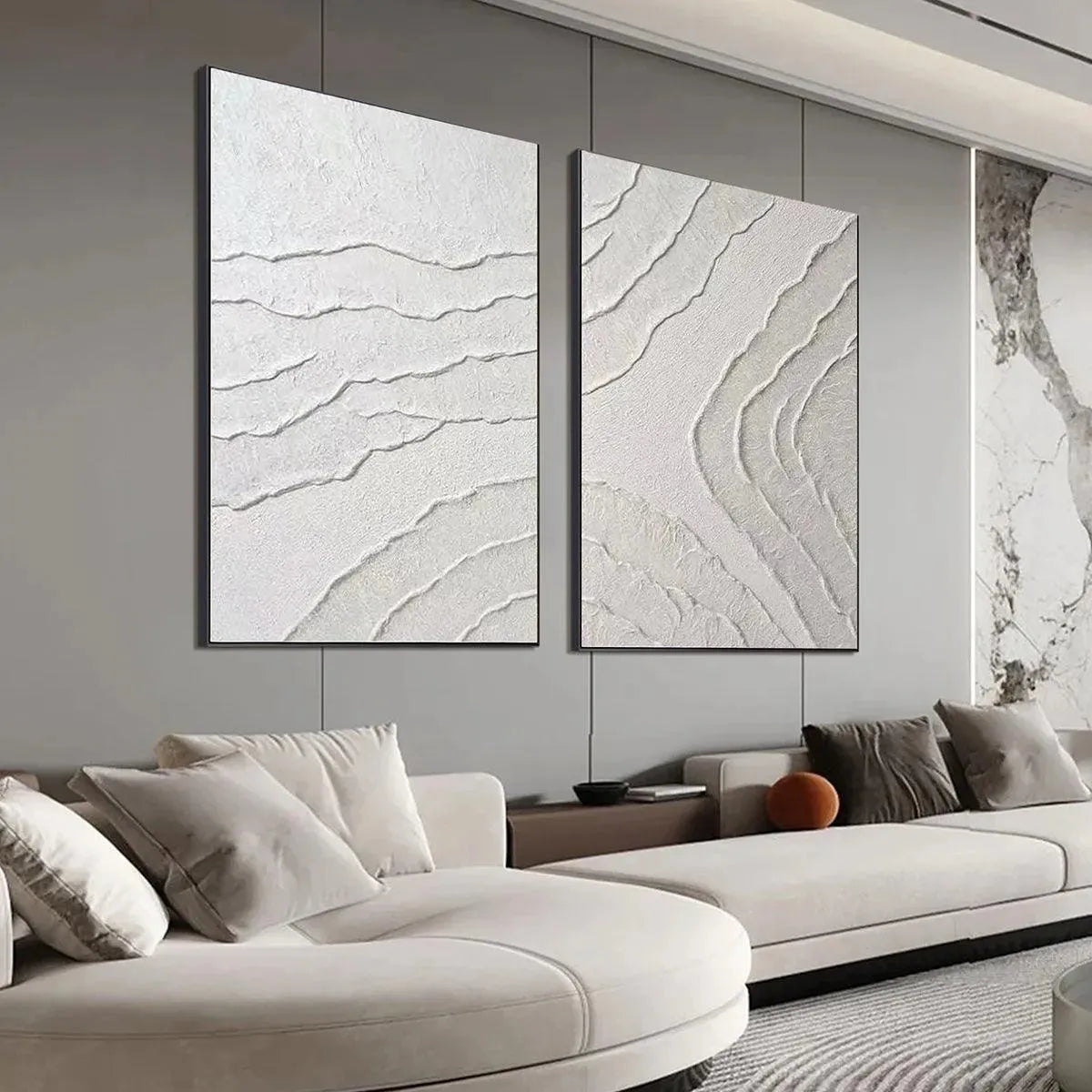 White Textured Lines Diptych by Isabella Rossi, abstract white artwork. Modern wall art for living room