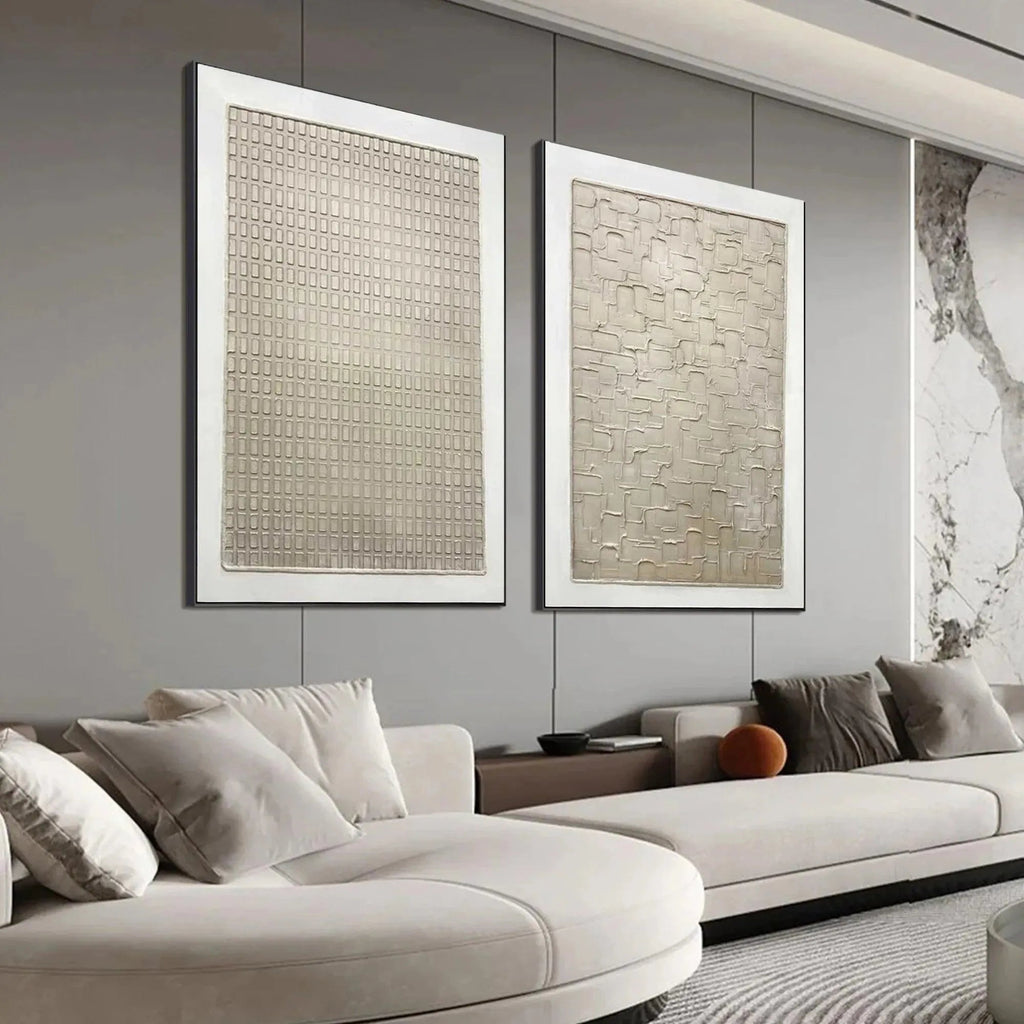Textured Beige Grid Set of 2 by Javier Ramirez, minimalist beige textured art for modern home decor.