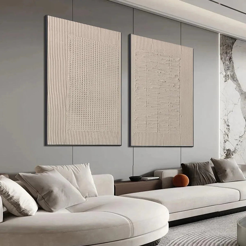Javier Ramirez's Textured Grid Duo beige abstract paintings with modern elegance and minimalist texture.