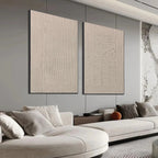 Javier Ramirez's Textured Grid Duo beige abstract paintings with modern elegance and minimalist texture.