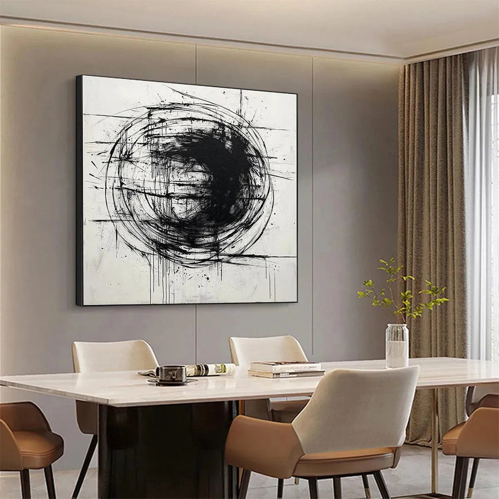 INK VORTEX: Dynamic Black Ink White Canvas Abstract Expression Oil Painting