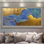 GOLDEN FLOW: Flowing Blue Lines Textured Gold Background Canvas