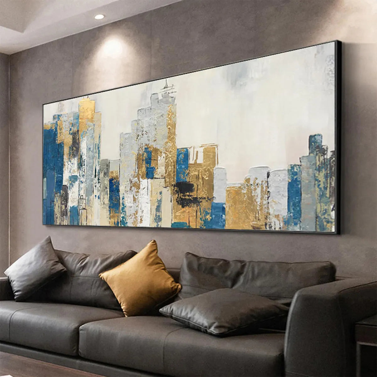 GOLDEN METROPOLIS: Vertical Gold Blue Abstract Cityscape Oil Painting