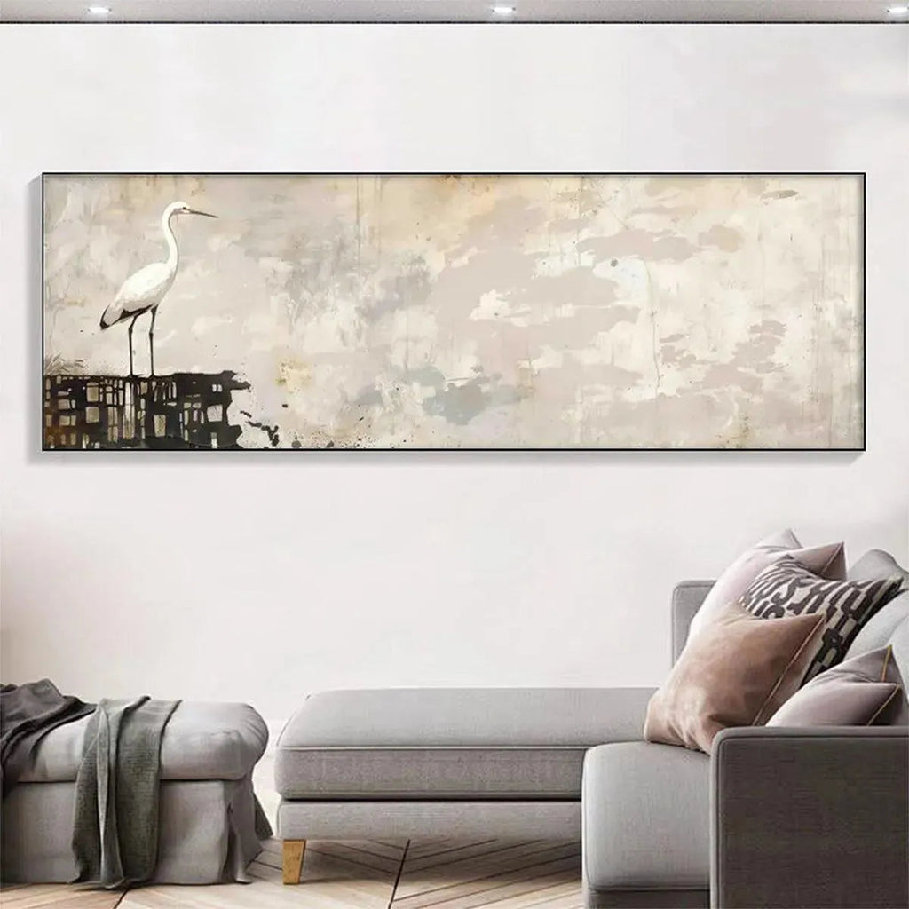 White Heron Panoramic artwork showcasing a heron on a textured background in a modern living room setting.