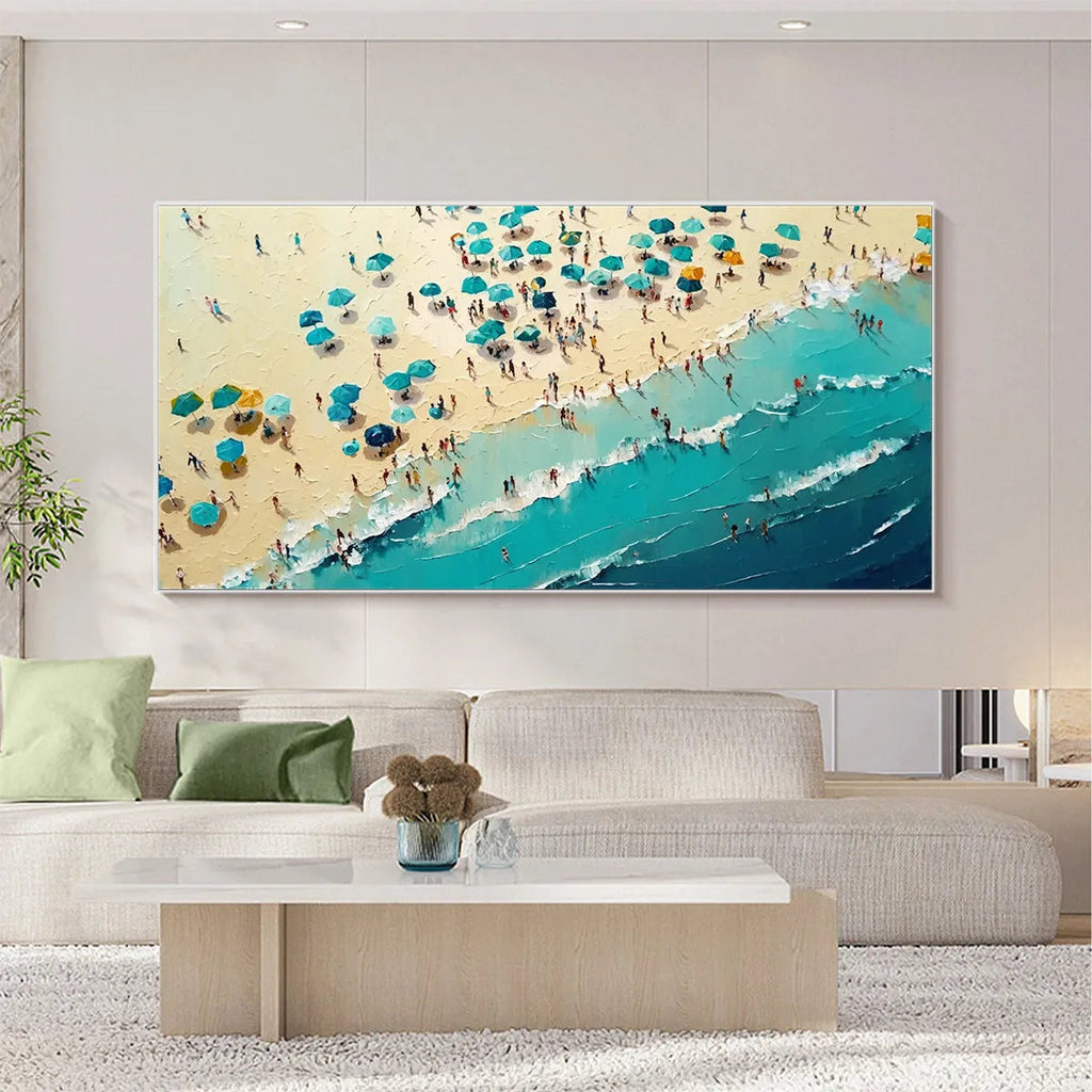 SUMMER AFTERNOON: Colorful Beach Umbrellas Turquoise Waves Oil Painting