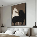 Javier Ramirez 'Two Horses on Brown' minimalist art, black and white horse painting, vertical wall art, framed.