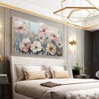Impasto floral painting 'Soft Blossoms' in a bedroom, with soft pink and white flowers, modern home decor.