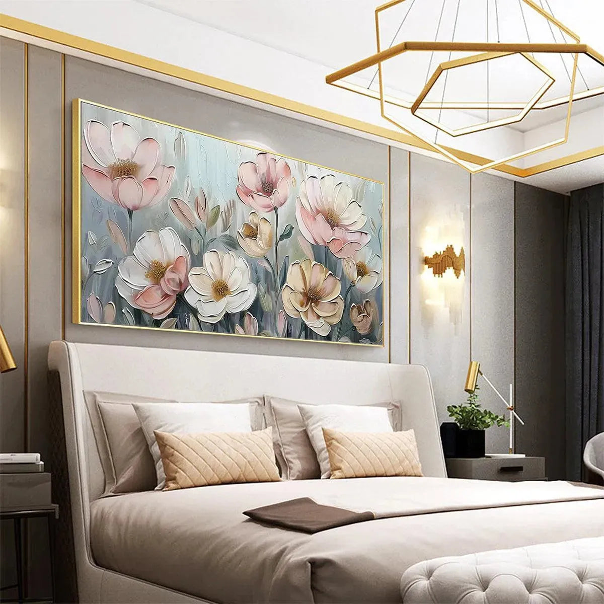Impasto floral painting 'Soft Blossoms' in a bedroom, with soft pink and white flowers, modern home decor.