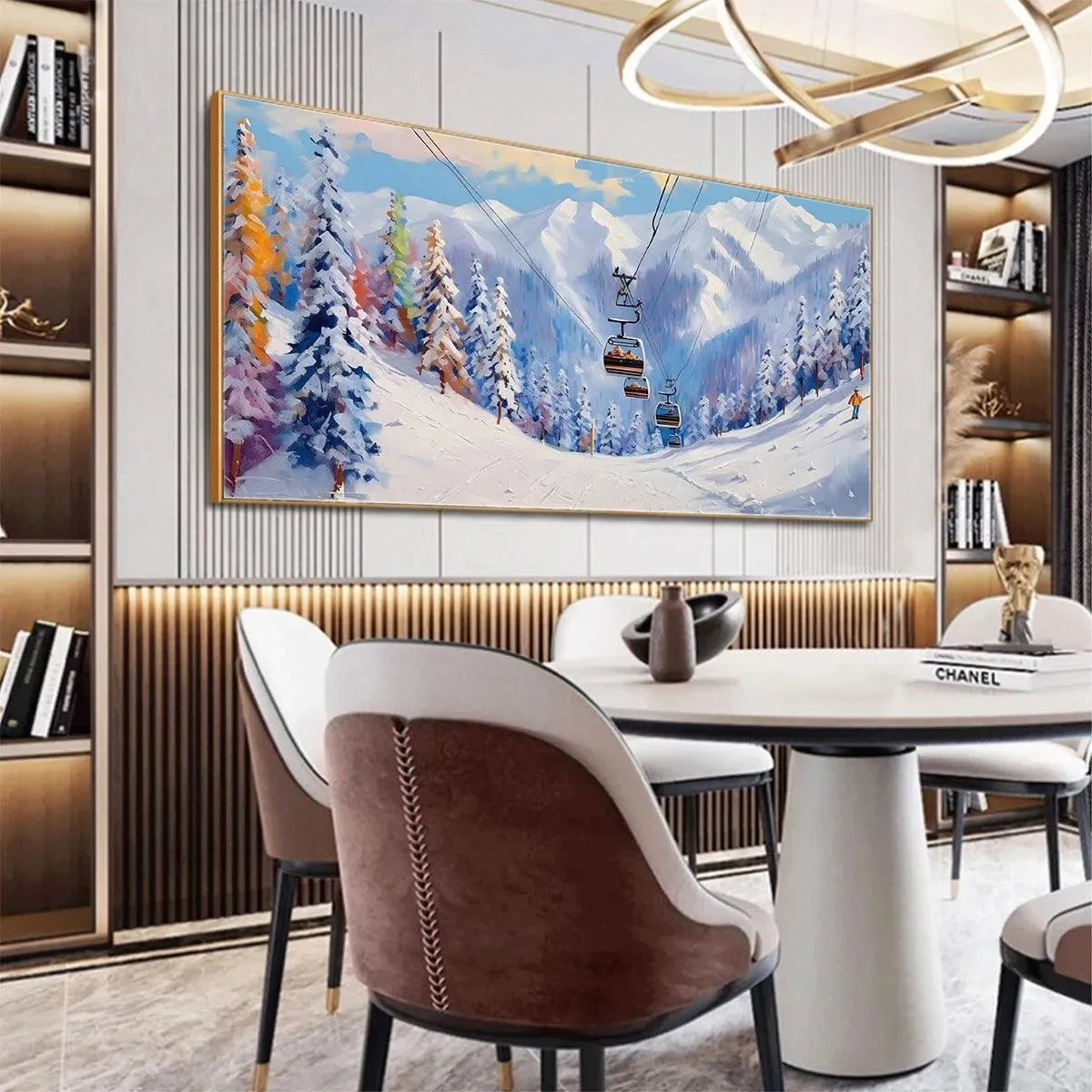 SNOWY SLOPES panoramic oil painting by Chak Yu Lam, ski lift ascending snowy mountain, framed wall art, winter landscape.