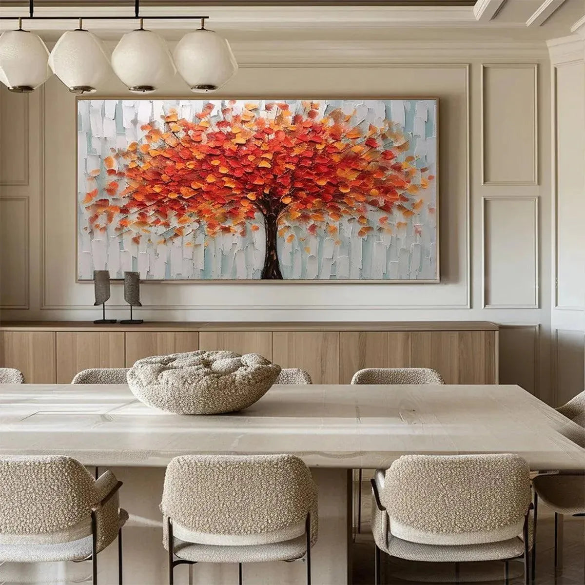 AUTUMN FIRE impasto tree painting with orange-red texture in an elegant dining room, showing scale above a sideboard.