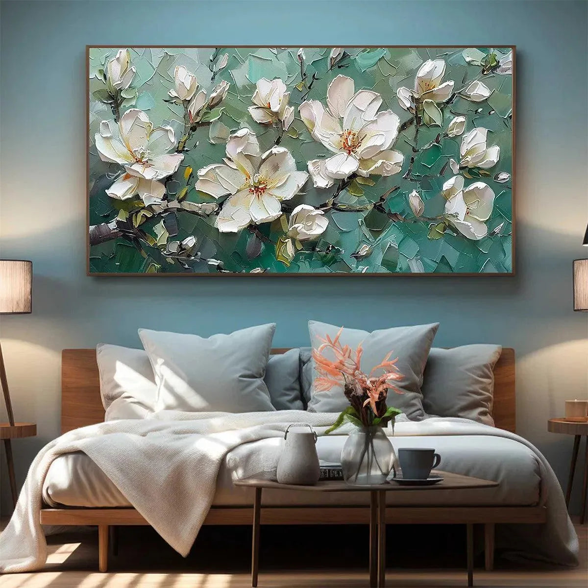 Original Jade Magnolias impasto painting: thick texture white magnolias on teal background, modern wall art above bed.