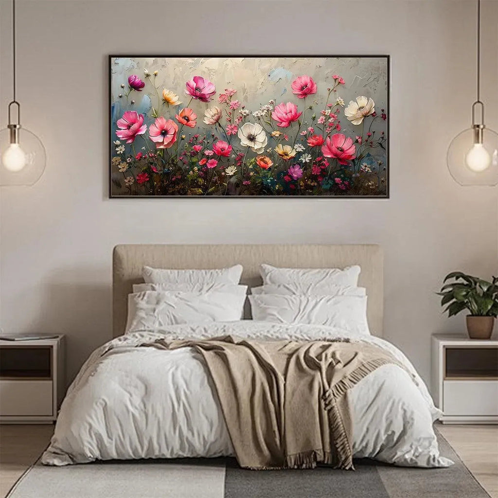 SUMMER BLOOM: Impasto floral painting pink, white, orange on grey background, framed, above bed.