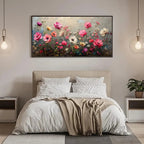 SUMMER BLOOM: Impasto floral painting pink, white, orange on grey background, framed, above bed.
