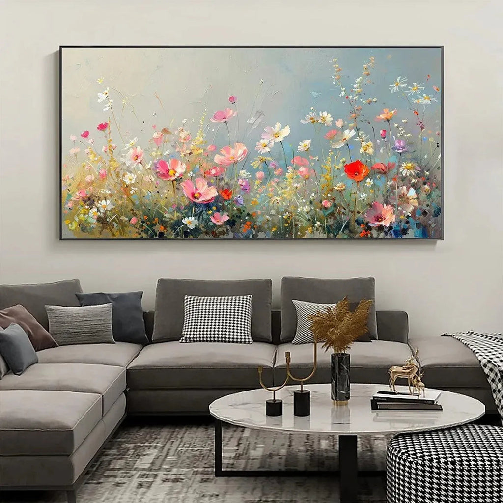 WILD MEADOW: Isabella Rossi original panoramic impasto wall art, pink & white wildflowers, lifestyle setting.