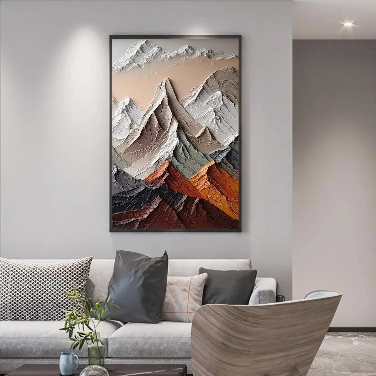 MAJESTIC PEAKS by Liam O'Connell: Impasto mountain painting in earthy tones, framed artwork for home decor, vertical art.
