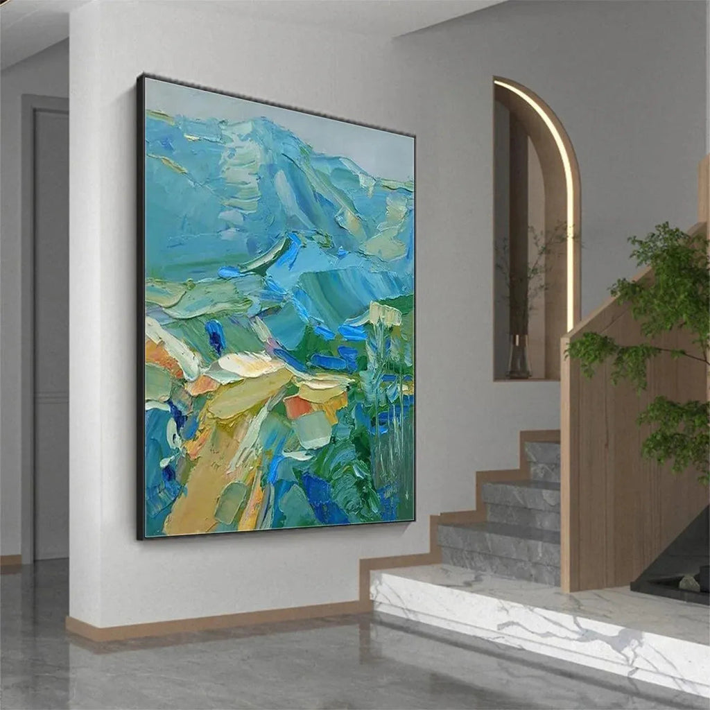 Isabella Rossi Blue Ridge Mountains impasto painting, oil on canvas, framed landscape art in blues and greens.