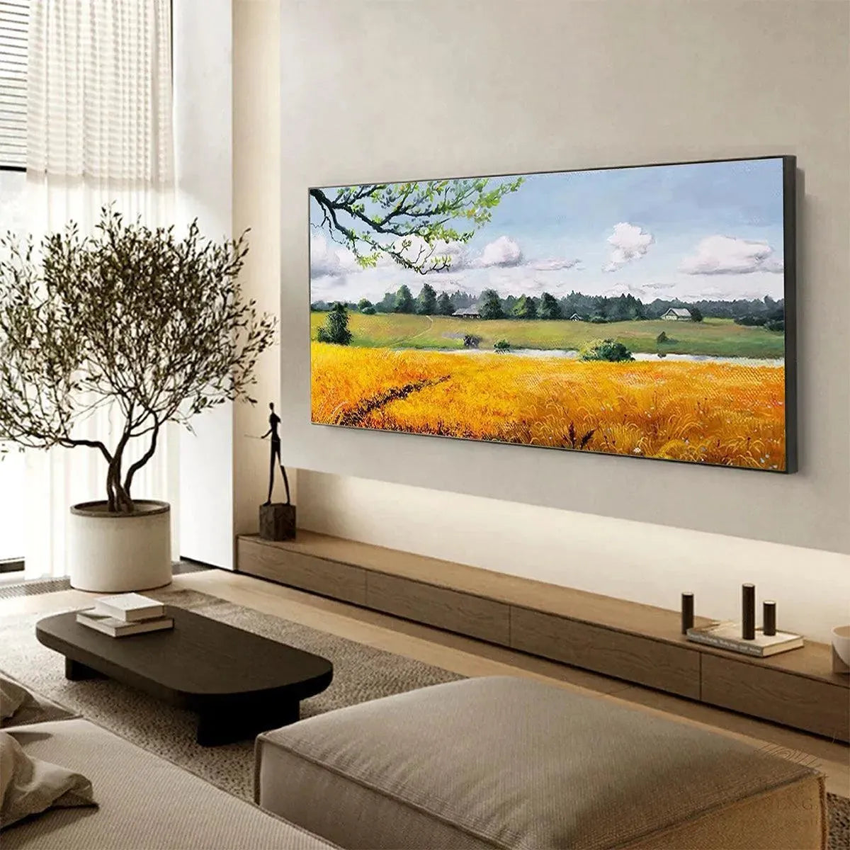 Golden Harvest tranquil landscape art of golden field, focal wall art in modern living room.