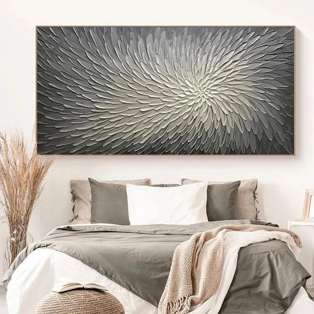 Silver Swirl abstract painting by Isabella Rossi, grey and white, framed, perfect for bedroom decor.