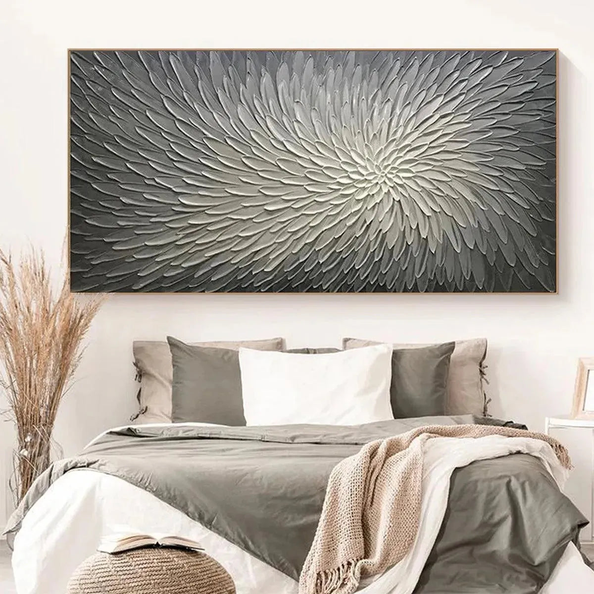 Silver Swirl abstract painting by Isabella Rossi, grey and white, framed, perfect for bedroom decor.