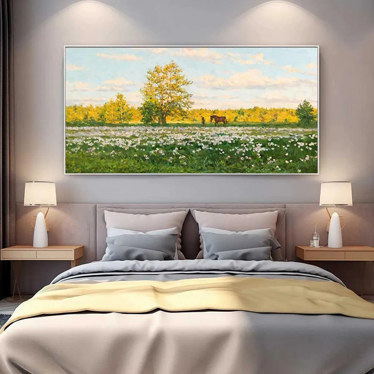 Tranquil Sunlit Meadow painting with white flowers, horse, & figure, displayed above a bed in a modern bedroom.