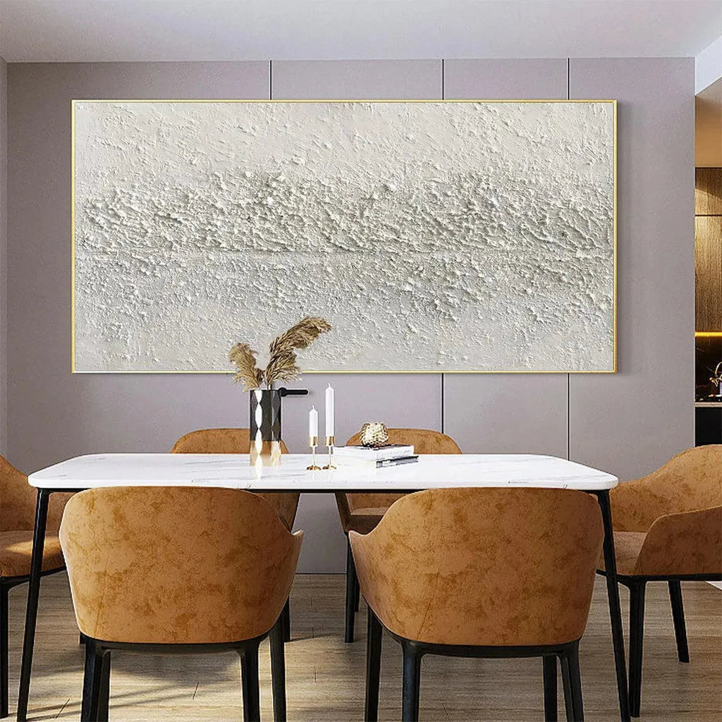 Textured Whispers painting by Javier Ramirez, white minimalist abstract art with heavy texture, framed, modern decor.