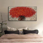Textured Crimson Burst impasto floral painting by Isabella Rossi, showcased horizontally above a bed in a modern bedroom.
