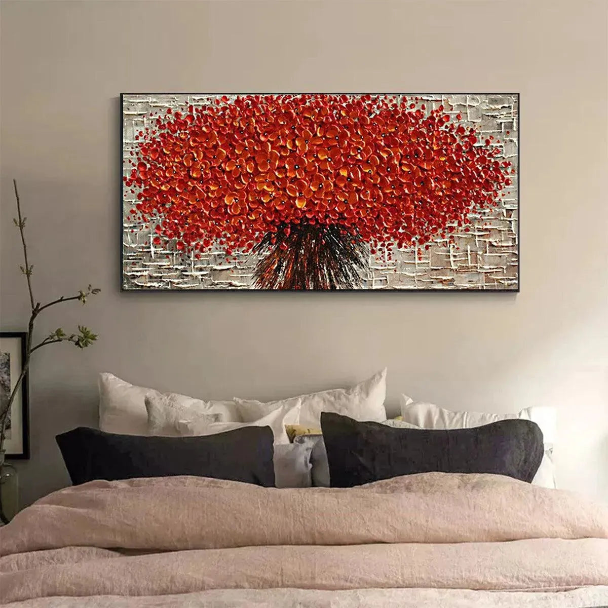 Textured Crimson Burst impasto floral painting by Isabella Rossi, showcased horizontally above a bed in a modern bedroom.