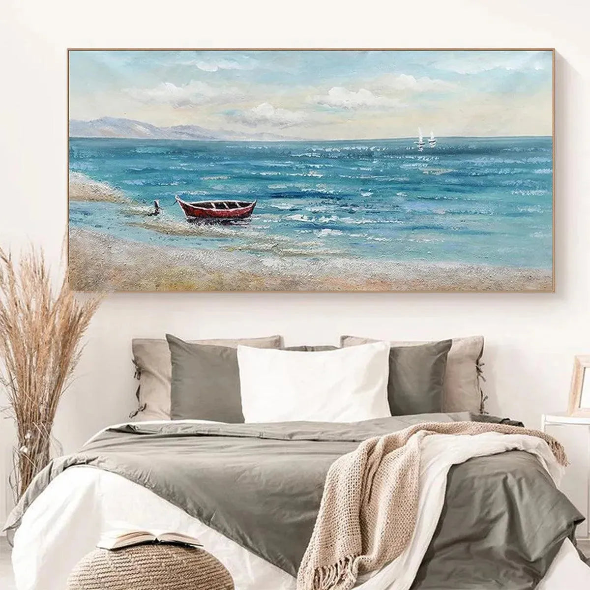 Red Boat at the Shore coastal painting over bed in modern bedroom, ideal for tranquil decor.