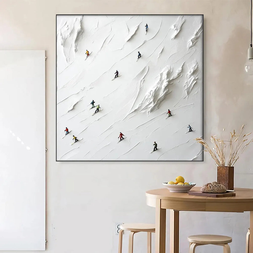 WHITE RUSH: Minimalist Skiing Painting on Textured Canvas