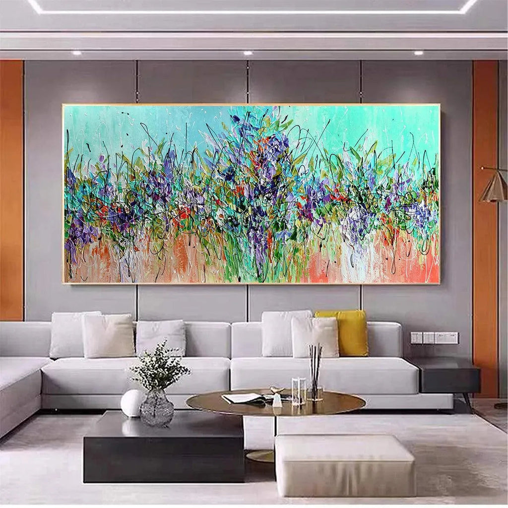 LILAC MEADOW: Panoramic Impasto Floral Art Wildflower Field
