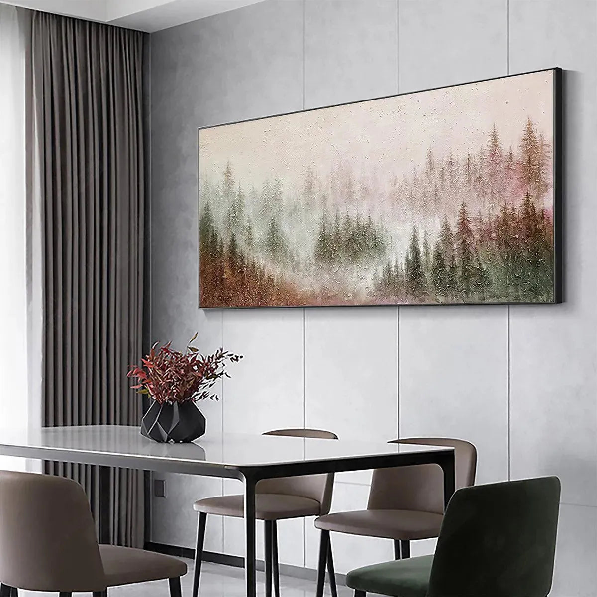 MISTY PINES: Panoramic Soft Fog Pine Forest Calm Green Grey Canvas