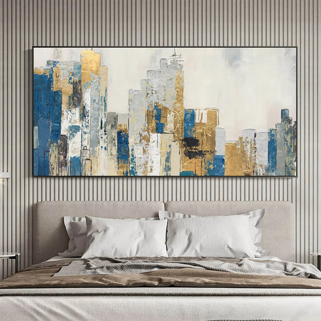 GOLDEN METROPOLIS: Vertical Gold Blue Abstract Cityscape Oil Painting