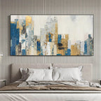 GOLDEN METROPOLIS: Vertical Gold Blue Abstract Cityscape Oil Painting