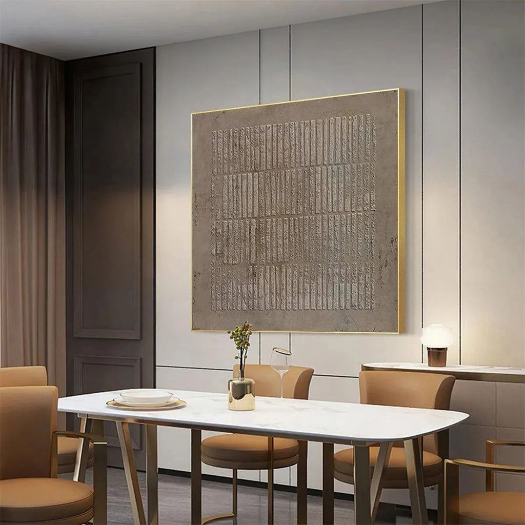 TEXTURED BROWN GRID by Javier Ramirez: minimalist textured painting, brown grid pattern, modern wall art with gold frame.
