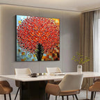 Crimson Bouquet textured impasto red floral art enlivens a stylish dining area with bold color.