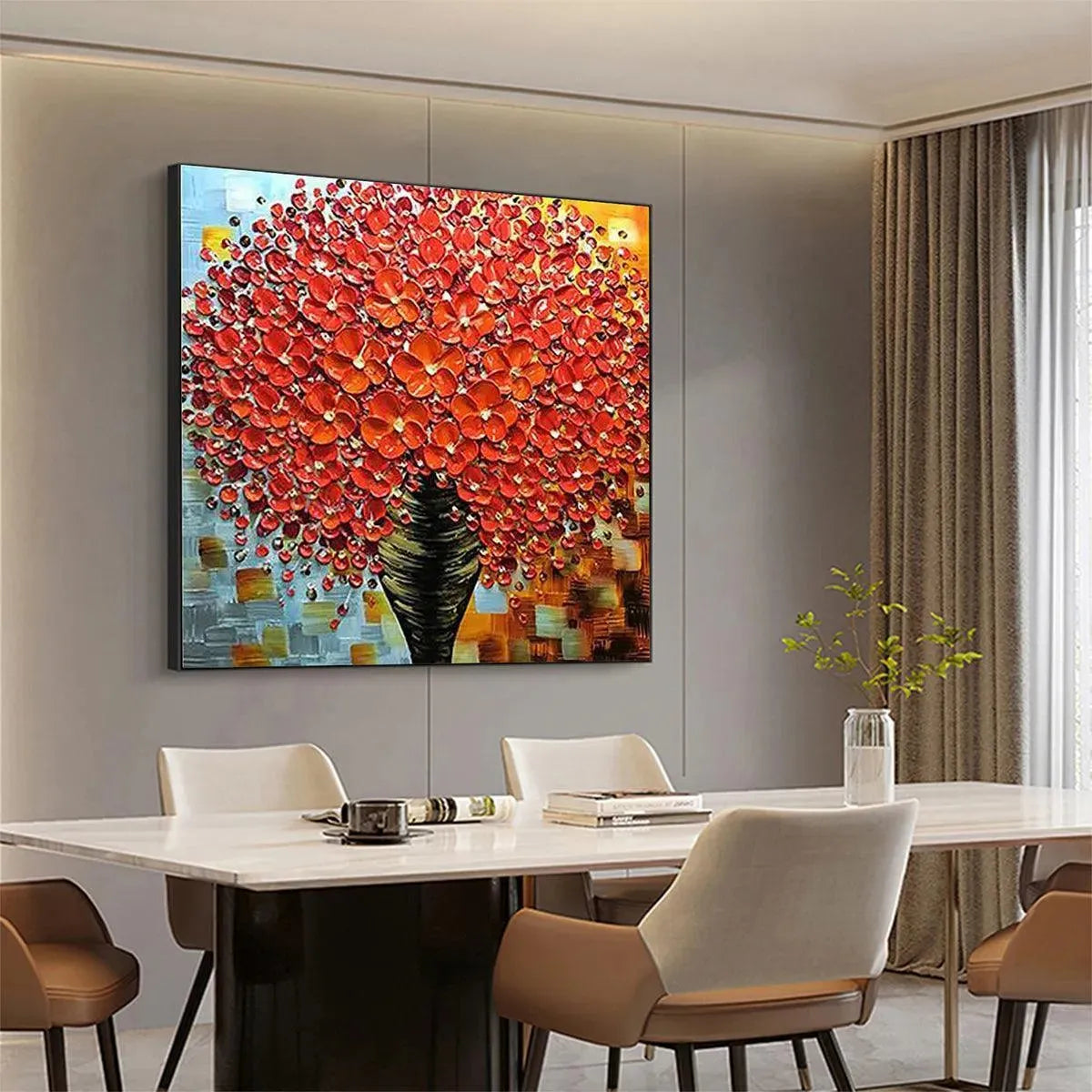 Crimson Bouquet textured impasto red floral art enlivens a stylish dining area with bold color.