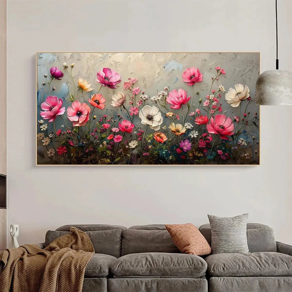 Isabella Rossi SUMMER BLOOM floral painting: Pink and white flowers on grey background, framed artwork