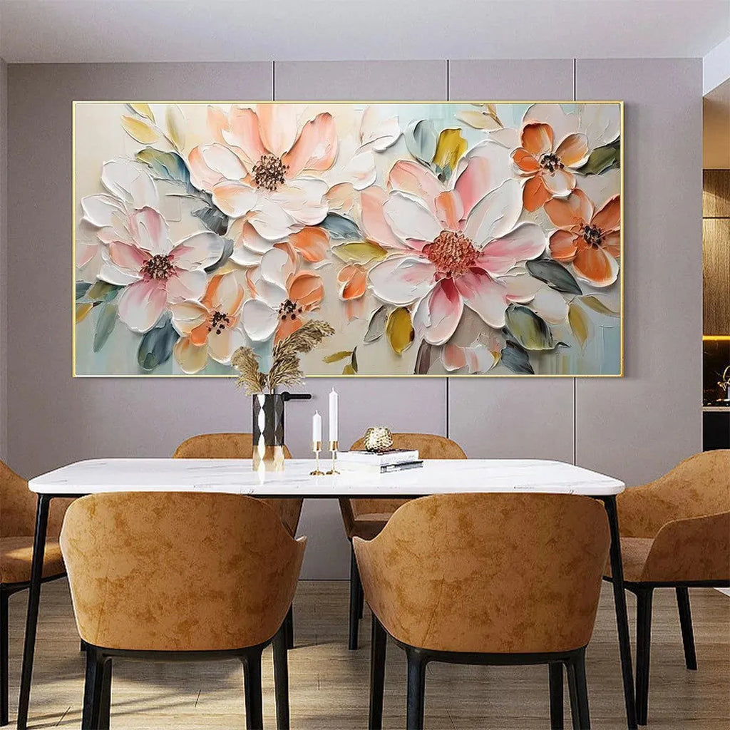 Peach Blossom by Isabella Rossi: Impasto floral painting in peach and white, framed artwork, displayed in a dining room.