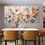 Peach Blossom by Isabella Rossi: Impasto floral painting in peach and white, framed artwork, displayed in a dining room.